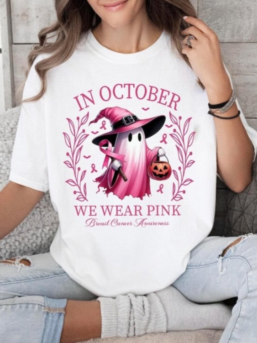In October We Wear Pink Ghost Shirt, Halloween Tee